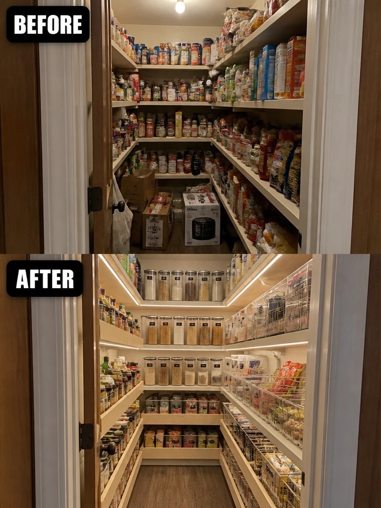 Before-and-after pantry: cluttered shelves above, neatly organized with bins, jars and lights below