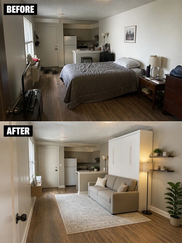 Before and after of studio apartment bedroom converted to modern living space