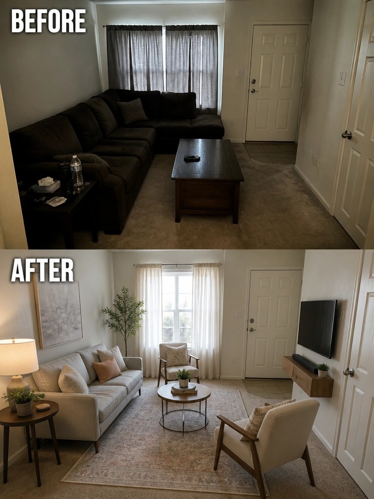 Before-and-after image of a dark living room with a large sectional sofa changed into a brighter space with a light sofa, two armchairs, and a central coffee table.