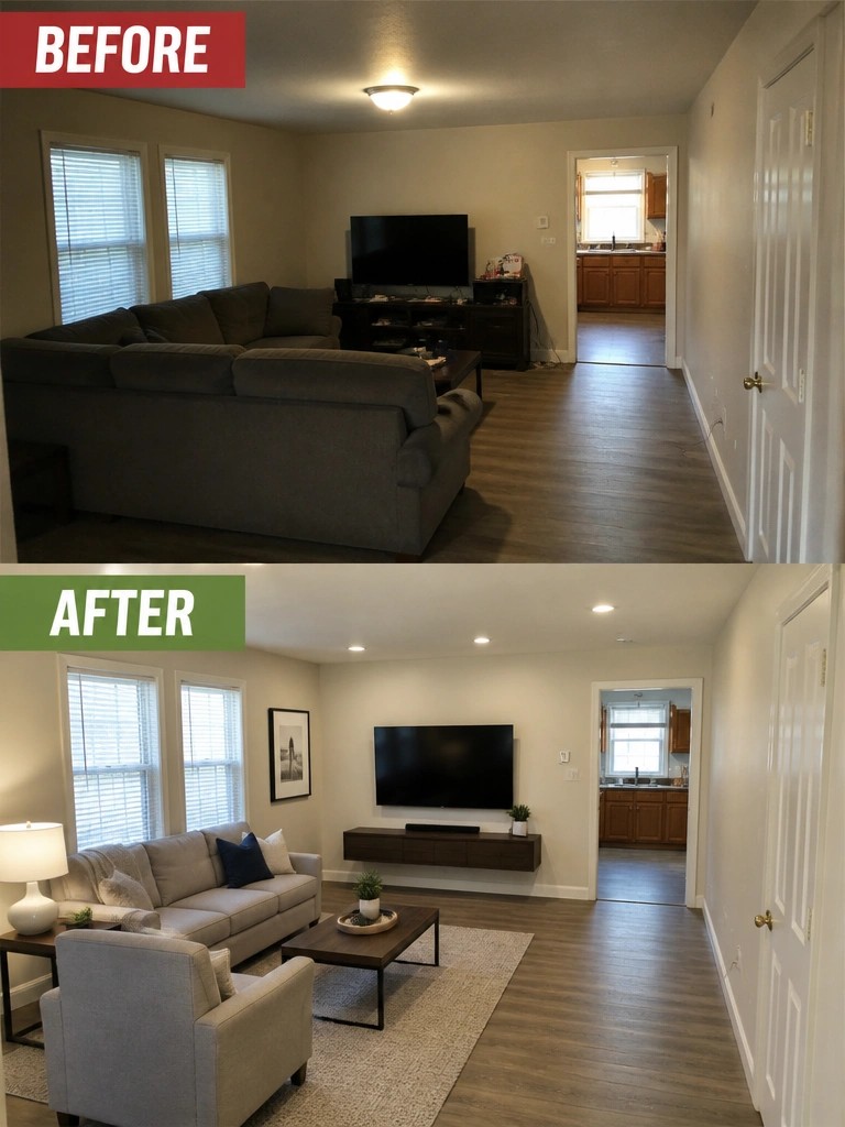 Before and after living room makeover with new sofa, rug, and floating TV console.