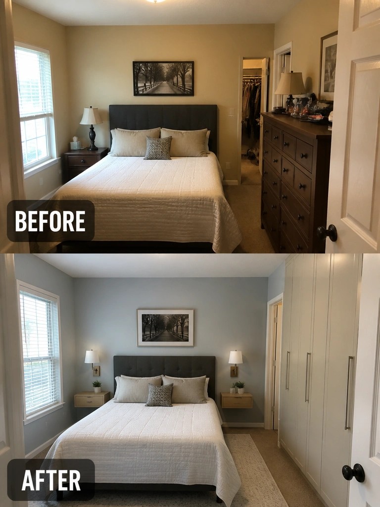 Before-and-after image of a bedroom where a tall dresser and open closet are replaced with built-in wardrobes to improve flow.