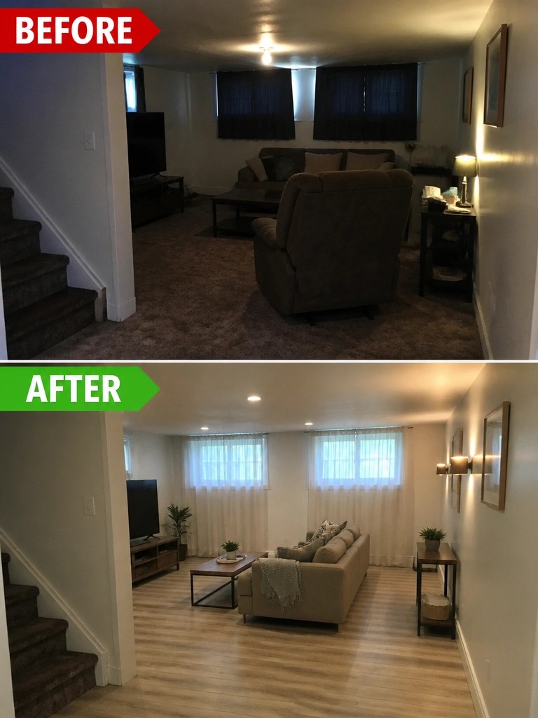Before and after living room with new wood floors, sofa, and bright lighting