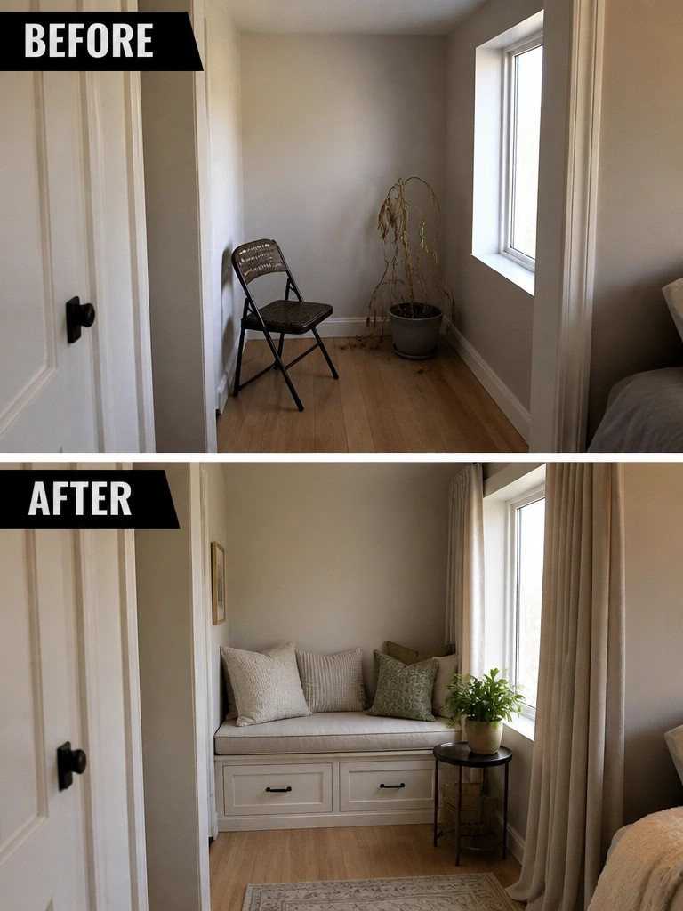 Before-and-after image of an empty room corner with a folding chair changed into a seating nook with a built-in storage bench, cushions, and a small side table.