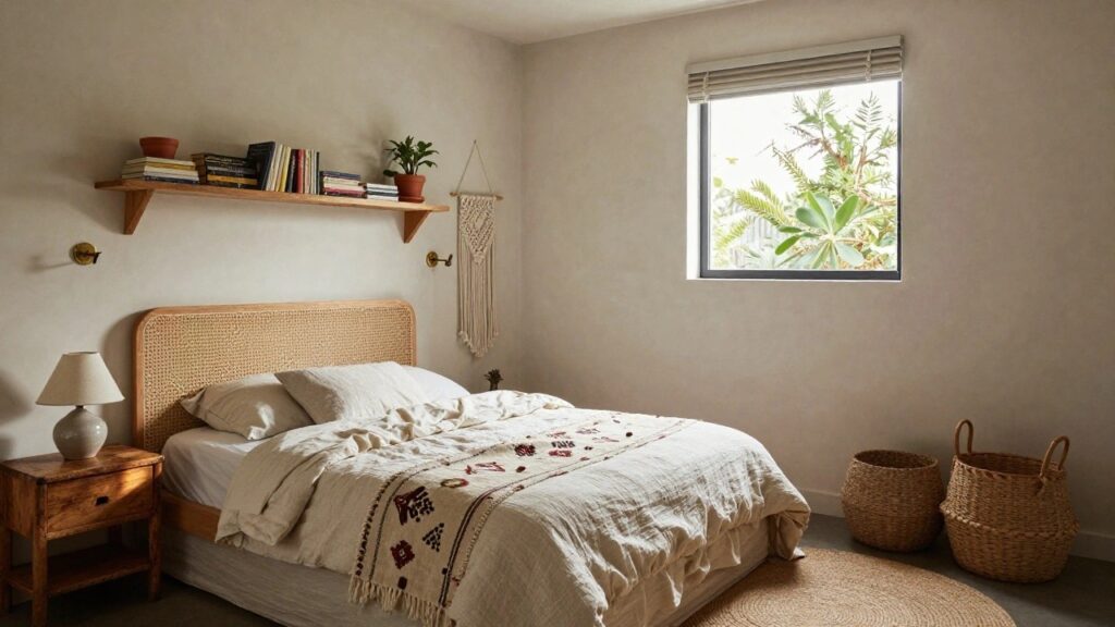 20 Smart Small Boho Bedroom Ideas That Make the Most of Every Inch Small bedroom featuring a low wooden bed with rattan headboard and white bedding, two woven baskets under the bed, wooden nightstand with lamp and two more baskets underneath, wall shelves with plants and books, macrame hanging, and window with bamboo blinds.