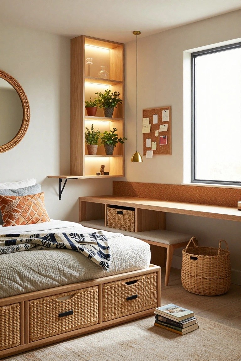 Small bedroom with low wooden platform bed having rattan-fronted drawers, tall adjacent wooden shelving unit with LED-backlit shelves displaying plants and glassware, integrated desk area, round woven mirror, corkboard, and large window.