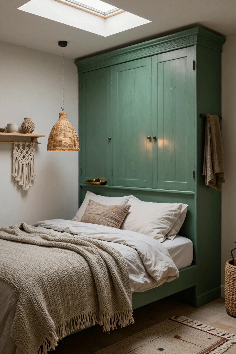 Small bedroom with tall green painted wardrobe behind bed acting as headboard, white bedding with beige throw, rattan pendant light, macrame hanging on shelf, skylight in ceiling, and woven rug on floor