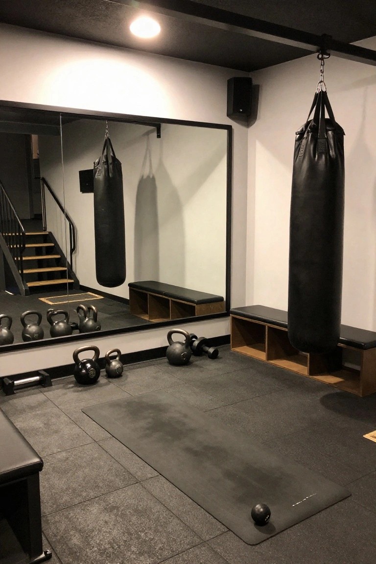 Dimly lit basement gym with black rubber flooring, two hanging black punching bags, kettlebells and dumbbells on the floor, large wall mirror reflecting equipment, wooden benches with storage cubbies, and a yoga mat.