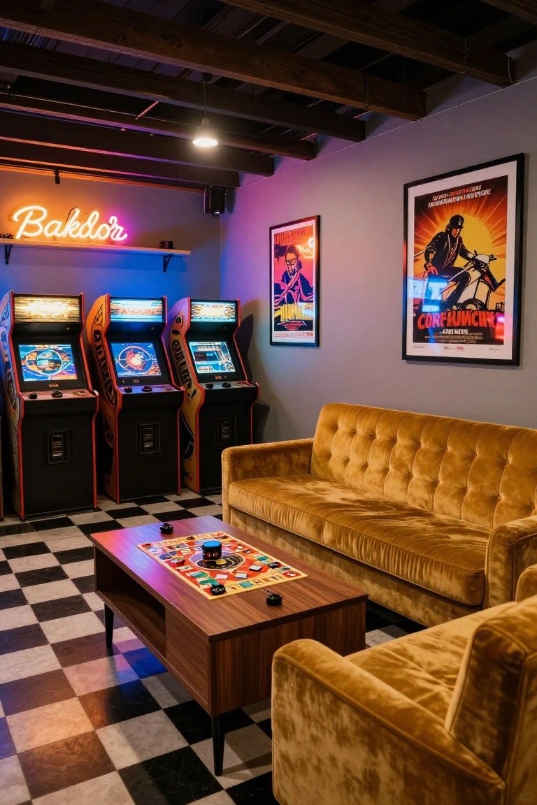 Basement room with wooden beams, neon Bakırköy sign, three lit arcade machines, vintage posters on walls, mustard velvet sofa and armchair, wooden coffee table holding a board game, and black-and-white checkered floor.