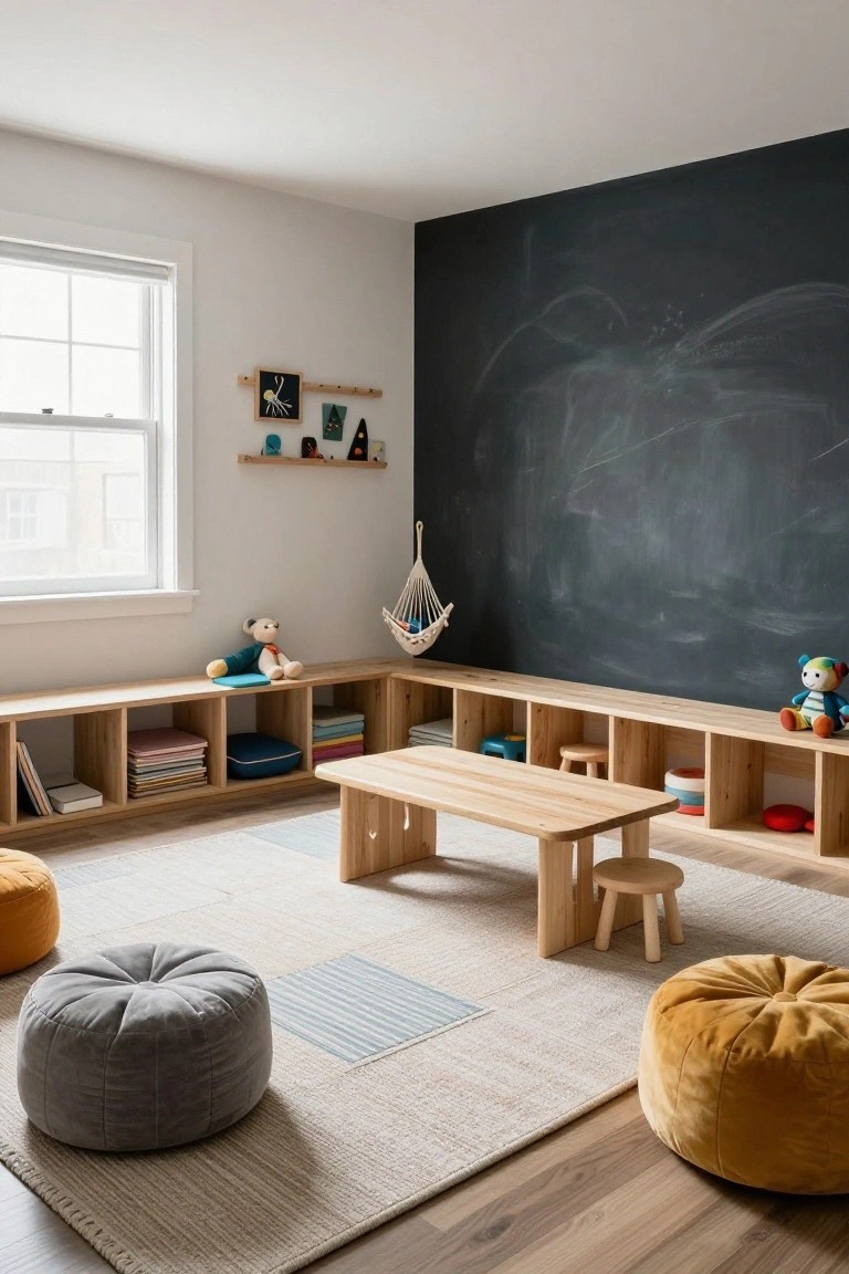 Children's playroom interior featuring light wood L-shaped built-in benches with open shelving holding books and toys, a central wooden table with stools, colorful poufs on a striped rug, black chalkboard wall, and hanging chair.