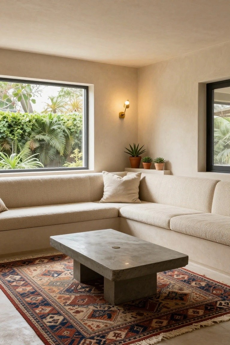 Beige L-shaped sofa in a light plaster-walled living room with low raw concrete coffee table, colorful patterned rug, potted succulents on shelves, wall lamp, and large black-framed windows showing lush green plants outside.