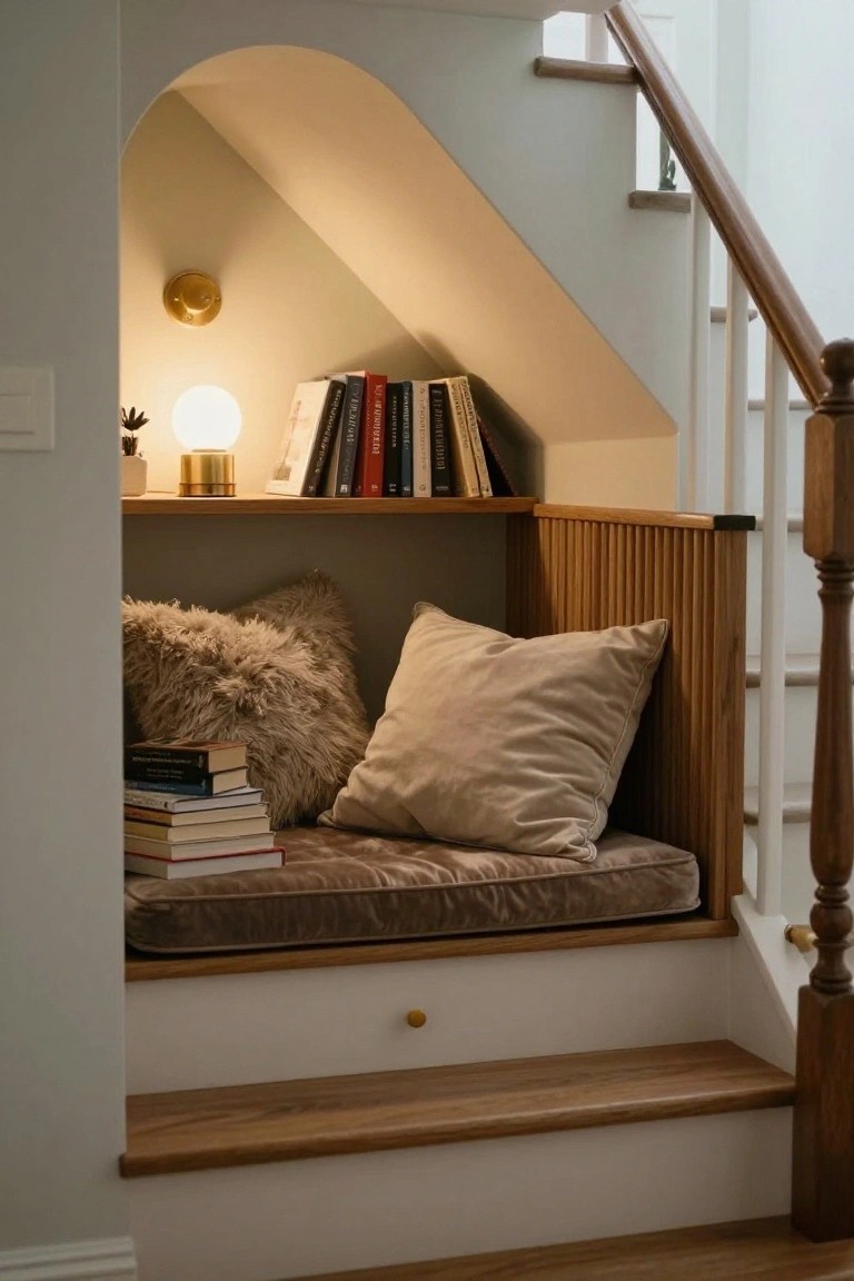 Wooden built-in reading nook under a staircase with shelves holding books, a cushioned bench with pillows, a gold globe lamp on a plant beside it, and stairs extending upward.