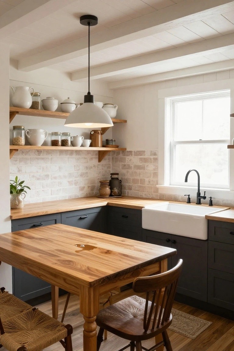 Kitchen corner with navy lower cabinets, light wood butcher block countertops extending to a wooden table, white farmhouse sink with black faucet, open wood shelves holding white pottery and glass jars, beige brick backsplash, wooden chairs, and an exposed beam ceiling.