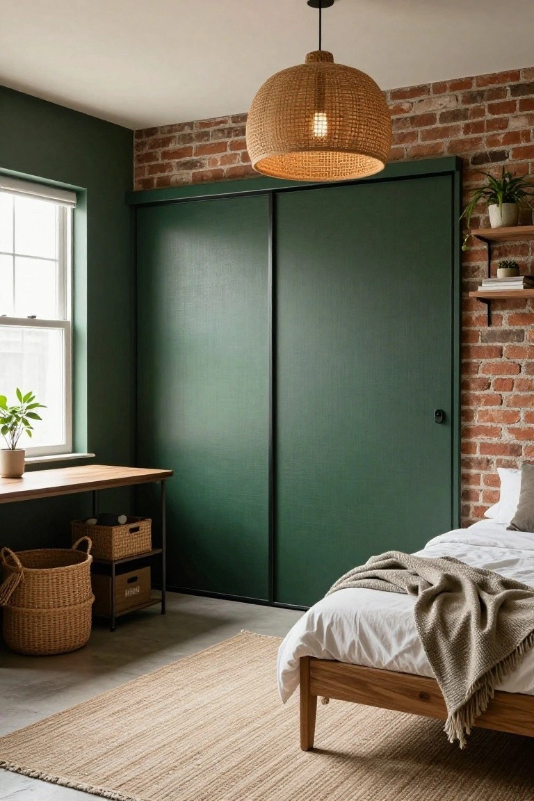 Interior photo of a cozy bedroom with deep green painted walls and sliding wardrobe doors, exposed brick accent wall, wooden bed frame with white bedding and gray throw, wooden desk, rattan pendant light, plants, and beige seagrass rug on concrete floor.