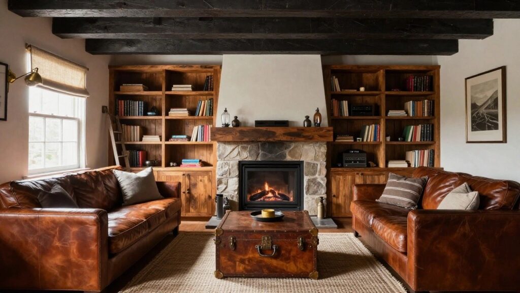 20 Stunning Cozy Basement Design Ideas For A Warm At Home Escape Cozy basement living room with brown leather L-shaped sofa, two stacked vintage leather trunks as coffee table, stone-surround gas fireplace with wood mantel and built-in wooden bookshelves on either side, wall-mounted TV above mantel, dark wooden ceiling beams, and wood shiplap wall.