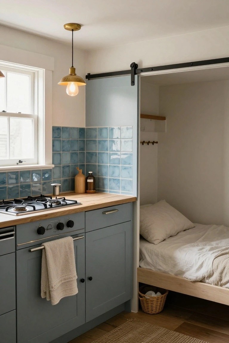 Small indoor kitchen with gray cabinets, wood countertop, blue tiled backsplash, and adjacent built-in platform bed with white linens behind a sliding barn door.