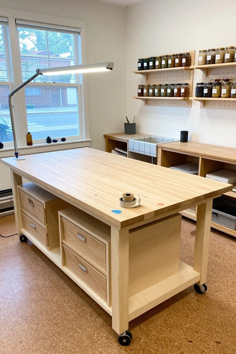 Workshop room with a large light maple workbench on casters featuring drawers and open storage, wooden shelves holding colorful jars, a sink area, and a window overlooking a street.