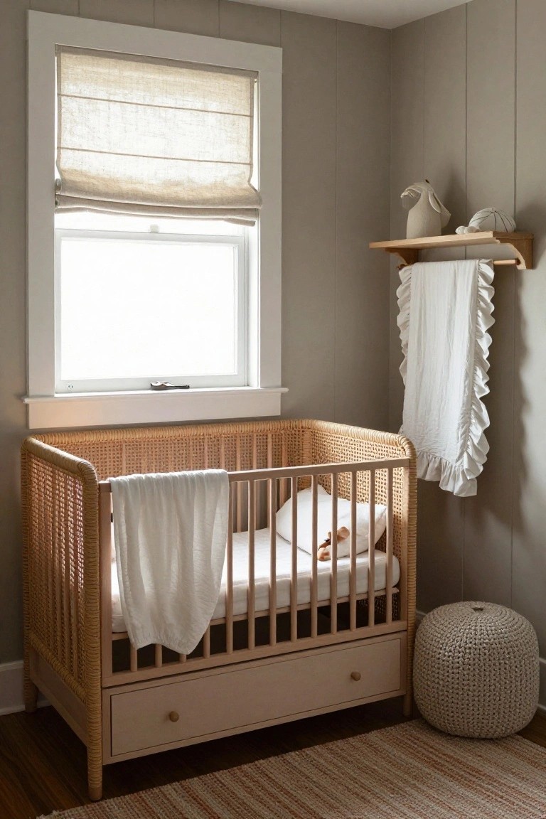 Light gray board and batten nursery corner with a beige rattan crib holding white sheets and pillow, draped with white fabric, beside a window with beige linen roman shade, wood shelf with ceramic rabbit and linens, ruffled white towel hanger, and cream woven pouf on striped rug.