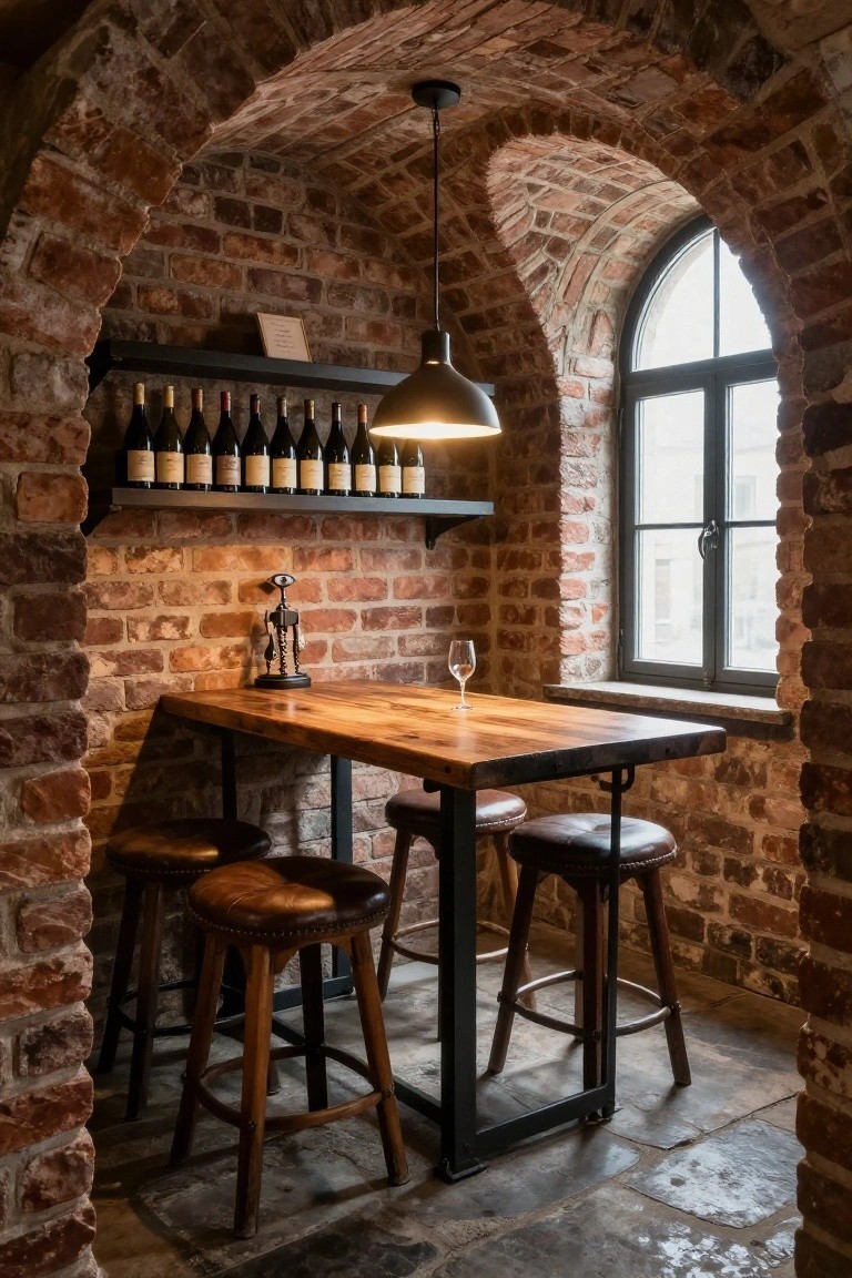 Cozy basement wine bar nook with exposed red brick arched walls and ceiling, wooden bar-height table, leather-topped stools, black metal shelves holding wine bottles, pendant lamp, corkscrew statue, wine glass, and small arched window.