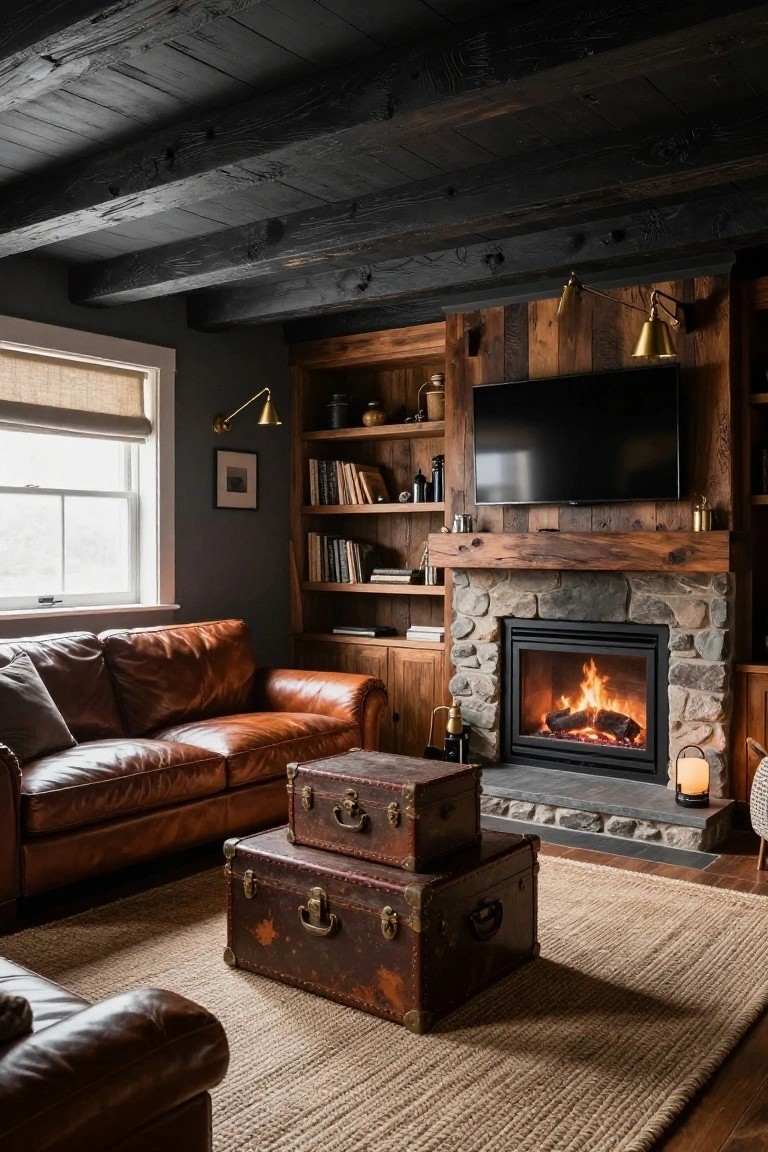 Cozy basement living room with brown leather L-shaped sofa, two stacked vintage leather trunks as coffee table, stone-surround gas fireplace with wood mantel and built-in wooden bookshelves on either side, wall-mounted TV above mantel, dark wooden ceiling beams, and wood shiplap wall.