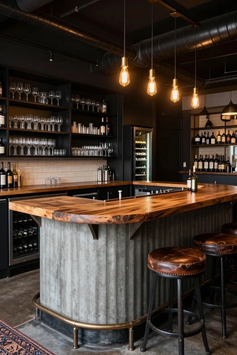 Interior view of an industrial-style bar with live-edge wooden countertop on corrugated metal pedestal base, leather bar stools, wine racks, glassware shelves, and pendant Edison bulb lights.