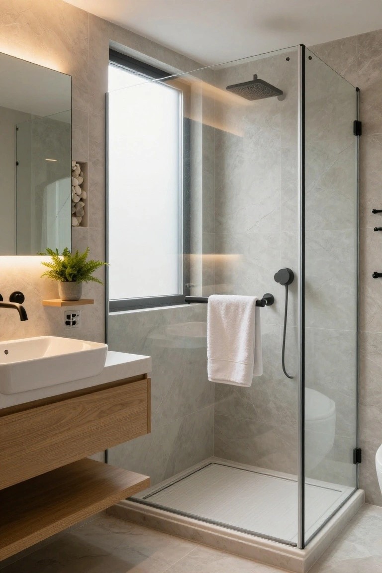 Modern bathroom with gray stone tiles, oak wood vanity and shelf holding a white sink, frameless glass walk-in shower, potted fern plant, white towel on black rail, and frosted window.