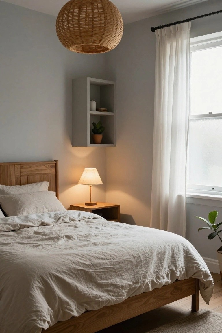 Light gray bedroom with oak wood bed frame and white linen bedding, wooden nightstand with lamp, floating shelf holding vase and potted succulent, sheer white curtains on window, floor plant, and woven rattan pendant light overhead.