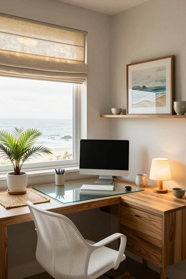 Corner wooden desk with glass top and drawers in a light beige room, white mesh office chair, potted palm plant near large window showing ocean view, small ceramics on shelves and desk.