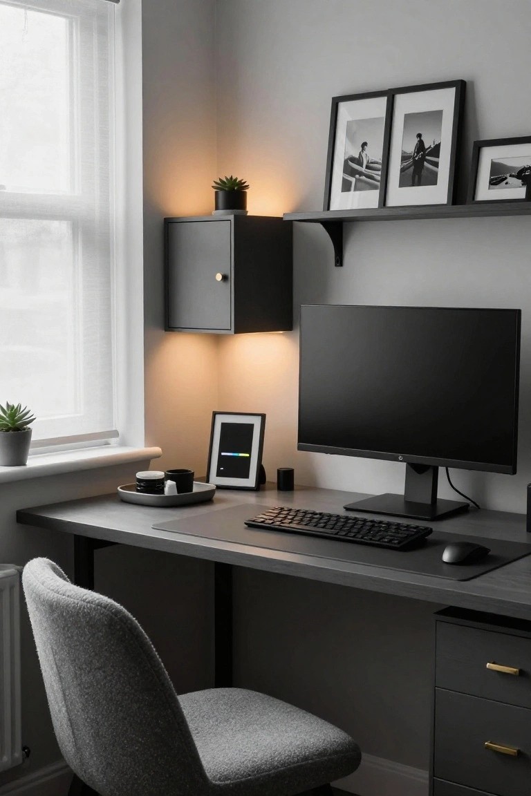 Corner home office with gray desk topped by black monitor and keyboard, gray fabric chair, black wall-mounted cabinet and shelves holding plants and black-framed photos, warm under-shelf lighting, and side black drawer unit.