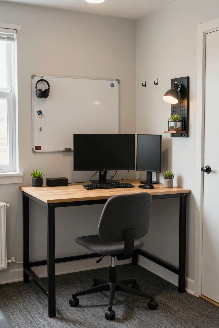 Corner desk setup in a light gray room with black metal frame, light wood top, dual monitors, mechanical keyboard, small plants, whiteboard on wall, and gray office chair.