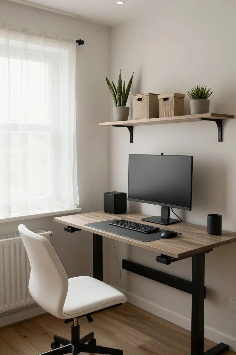 A modern indoor office with a light wood adjustable standing desk, black monitor and speaker, mechanical keyboard, white office chair, potted plants on wooden wall shelves, and sheer curtains on a window.
