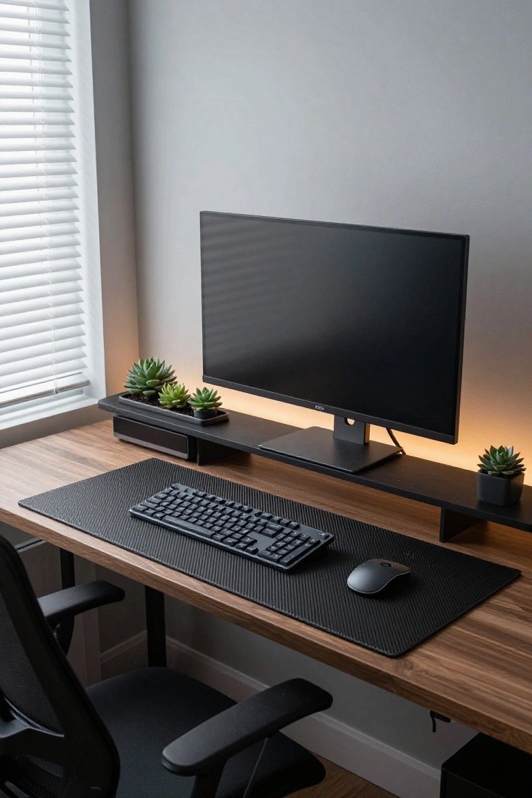 Modern indoor gaming desk setup with walnut wood surface, elevated black monitor on a shelf stand holding succulents and speakers, mechanical keyboard and mouse on large black textured desk mat, black office chair, and window blinds in background.