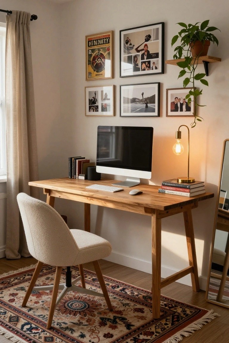 Corner room setup with light wooden trestle desk holding iMac, keyboard, mouse, books, and lamp, white bouclé chair, gallery wall of posters and photos, potted plants, and Persian-style rug on wood floor.