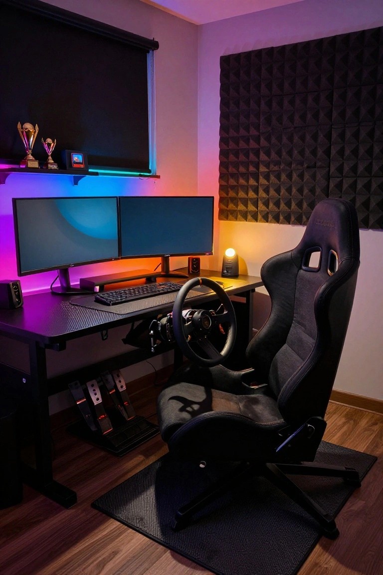 Gaming desk with mounted racing wheel and pedals, dual curved monitors, black racing chair, RGB lighting, acoustic panels on walls, and trophies on a shelf in a dimly lit room.