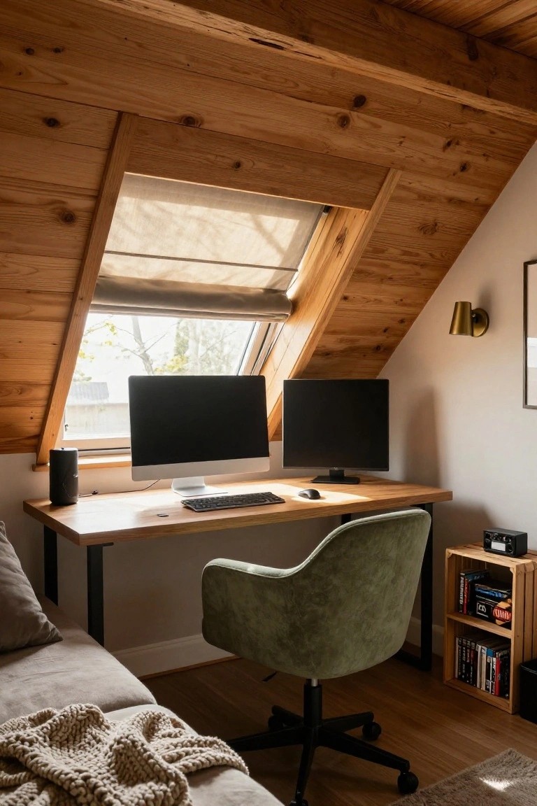 Wood-paneled attic room with sloped ceilings, a wooden desk holding dual black monitors, a white iMac, keyboard, green velvet chair, and a skylight window.