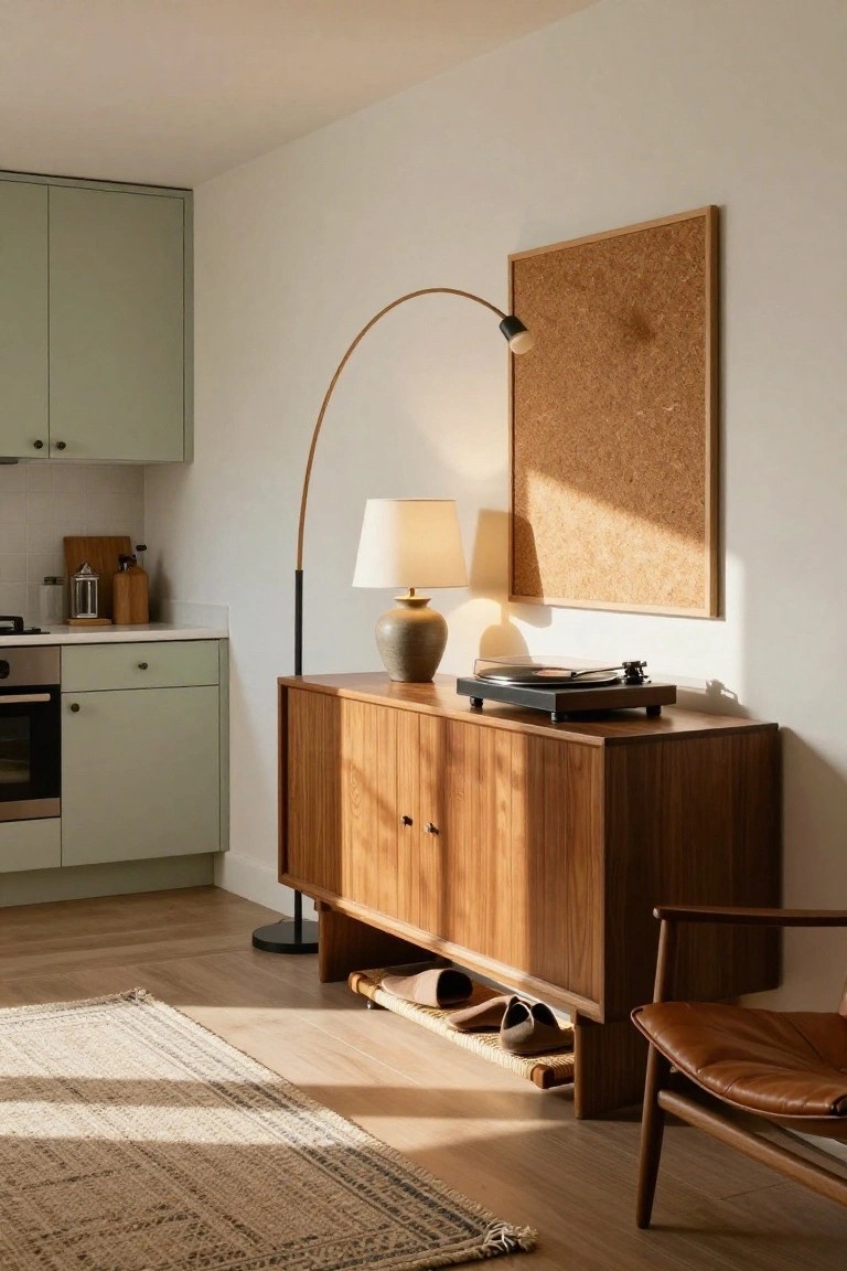 Studio apartment interior with sage green kitchen cabinets, wooden credenza topped with record player and lamps, arc floor lamp, cork board on wall, leather armchair, and woven rug on wood floor.