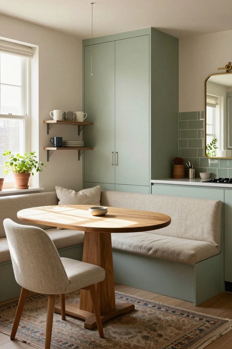 Compact kitchen interior with tall sage green cabinets, floating wooden shelves holding white mugs, black mug, plates, potted plants, built-in beige banquette booth around oval wooden table, single upholstered chair, green subway tile splashback, gold mirror, and window with roller blind letting in sunlight.