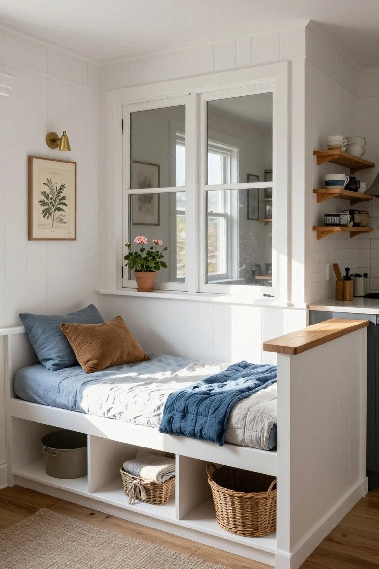 White built-in wooden daybed platform with blue bedding, rust-colored pillow, and storage cubbies holding baskets and a metal pot, positioned beside a double window in a white shiplap-paneled room with wooden shelves and plants nearby.
