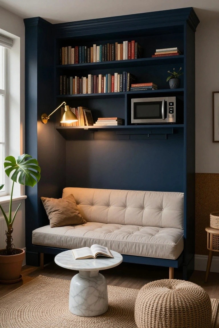 Navy blue built-in bookshelves lining a wall with books, plants, microwave, adjustable lamp, tufted beige daybed, marble pedestal table, pouf ottoman, and houseplants on a seagrass rug in a room with a window.