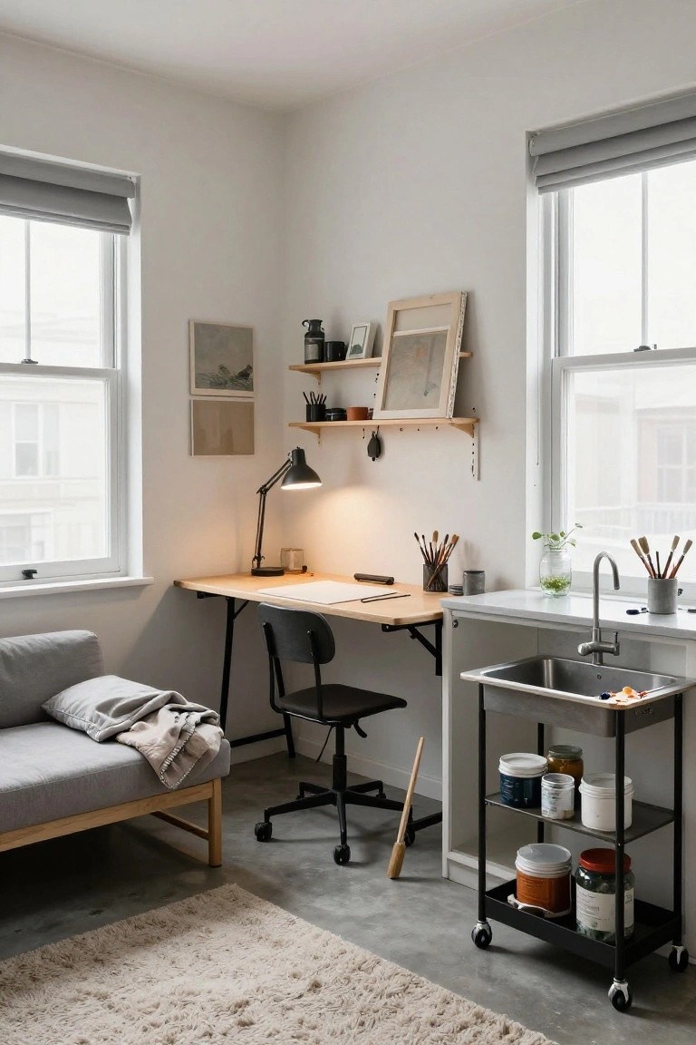 Small studio apartment corner with wooden fold-down desk, black chair, white sink counter, black rolling cart holding paint cans and brushes, wooden shelves with art frames and plants, sofa bed, and concrete floor.