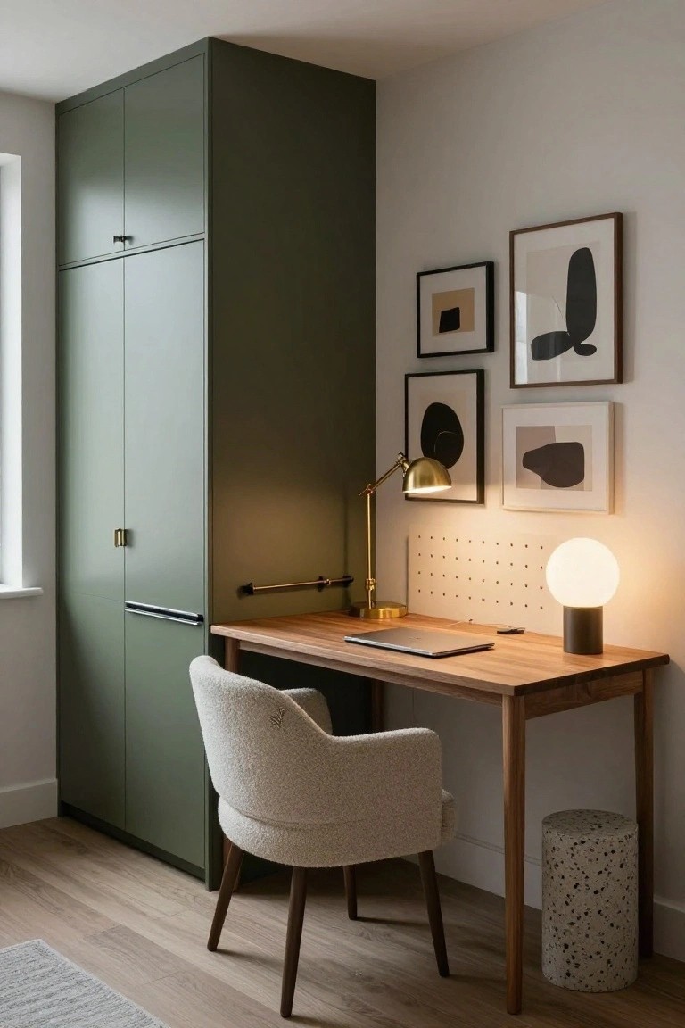 A compact home office corner with a wooden desk holding a laptop, cream fabric chair, tall green wardrobe on the left, pegboard wall with lamps on the right, and four abstract black-and-white framed prints above.