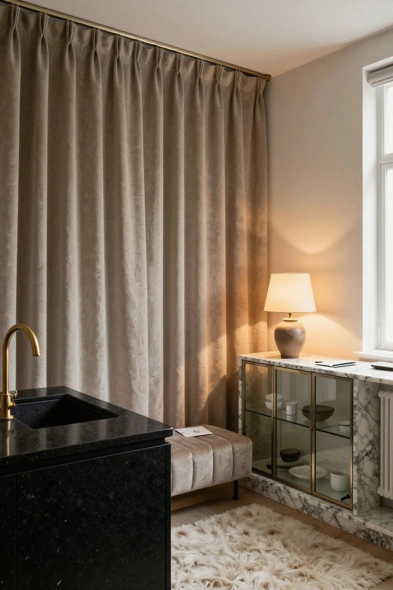 Corner interior with tall pleated beige curtains, black stone sink counter and gold faucet, glass-fronted white marble cabinet, tufted pink velvet bench, ceramic table lamp on marble shelf, papers nearby, and fluffy cream rug on light floor.