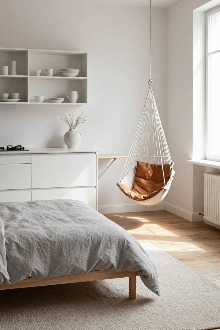 Minimalist studio apartment bedroom with low wooden bed in gray linens, tan leather hanging chair suspended from ceiling near window, open white shelves with dishes, white dresser, and cooktop.