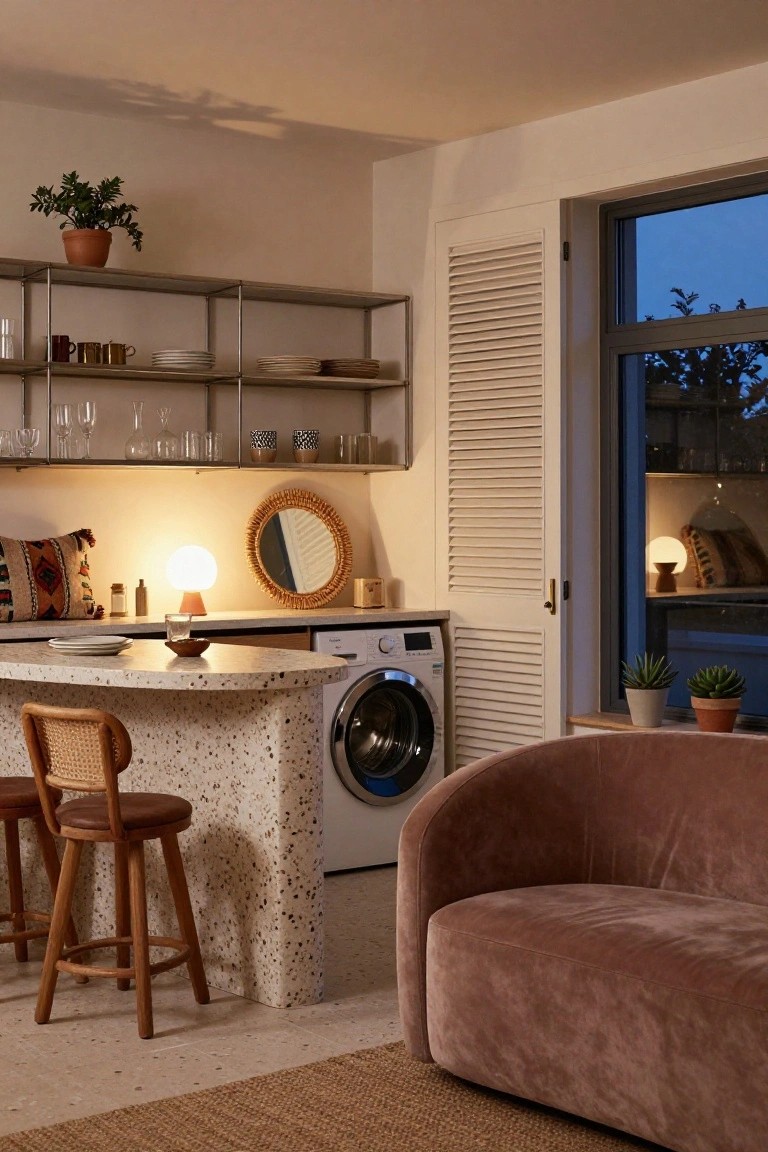 Studio apartment interior with curved speckled white bar counter, two rattan stools with leather seats, white front-loading washer next to it, curved pink sofa, open metal shelving with dishes and glasses, plants, and louvered door by window at dusk.