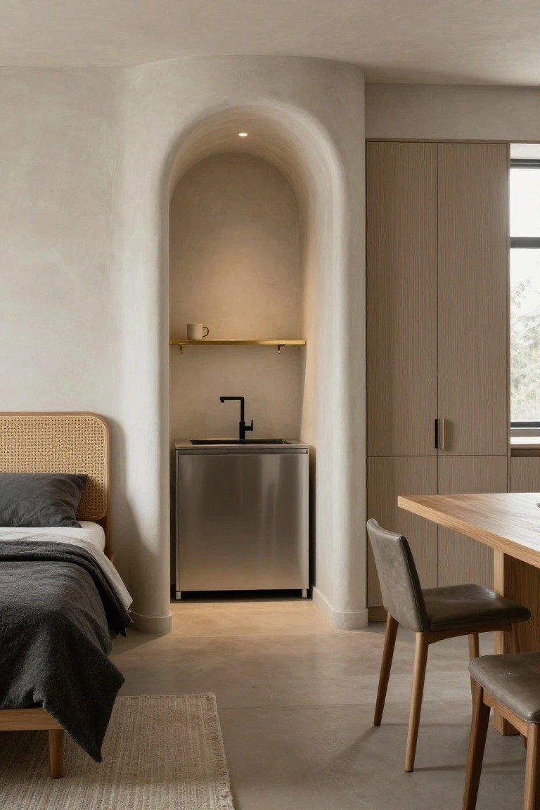 Studio apartment interior with rattan headboard bed, curved beige walls and arched niche containing black faucet sink on gold shelf with cup, stainless steel mini fridge, and oak dining table with leather chairs on concrete floor.