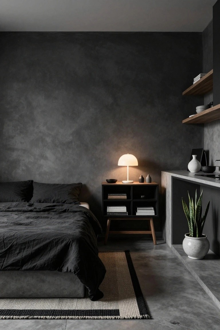 Modern studio bedroom with dark textured gray plaster walls, polished concrete floor, low platform bed with black linens and pillows, wooden nightstand holding white lamp and ceramics, floating oak shelves with books and vase, snake plant in white pot, and seagrass rug.
