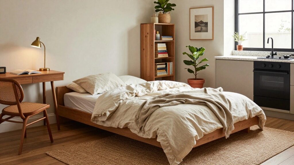 21 Aesthetic Studio Apartment Ideas That Feel Calm and Styled Small studio apartment interior with low wooden platform bed draped in white linens next to black kitchen cabinets, wood desk with lamp and books, potted fiddle leaf fig plant, wicker baskets on oak shelves, and seagrass rug on light wood floor.