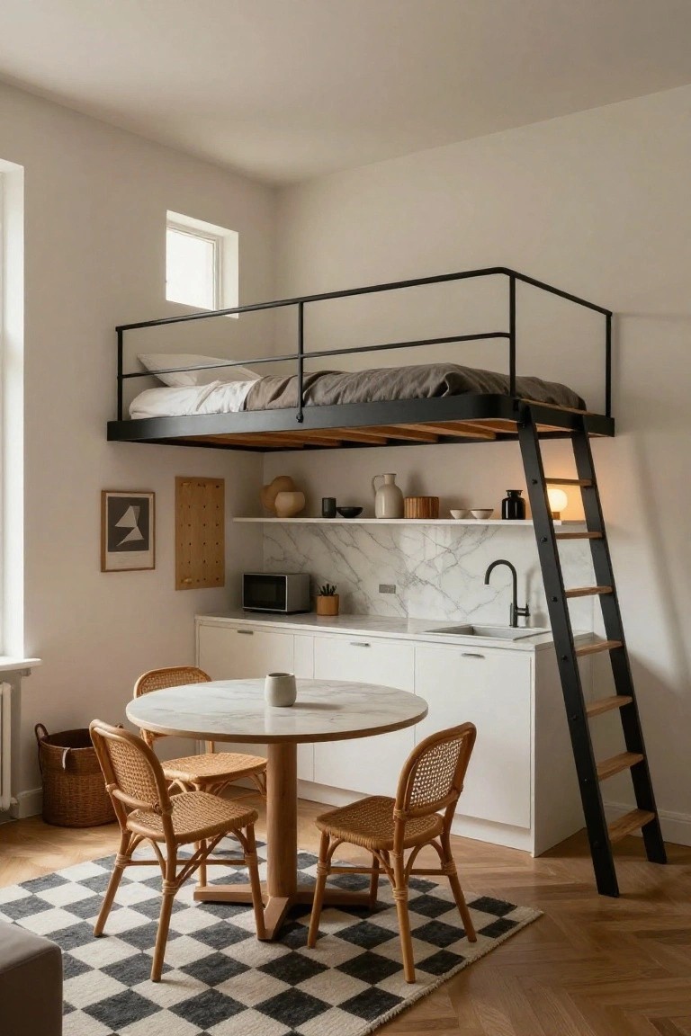 Studio apartment interior with black metal loft bed and wooden ladder above white kitchen cabinets, marble backsplash, microwave, sink, round marble dining table with rattan chairs, beige rug on wood floor.