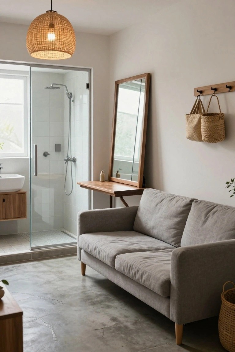 A compact bathroom with glass shower enclosure, wooden vanity and tall mirror, low gray sofa, rattan pendant light, hanging baskets, potted plants, and polished concrete floor.