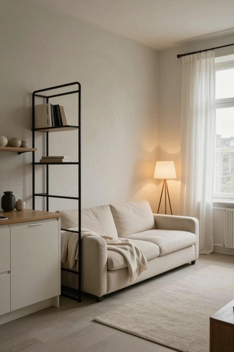 Tall black metal open shelving unit with books and ceramics stands next to a light beige sofa, tripod floor lamp, and sheer white curtains in a neutral-toned studio apartment corner.