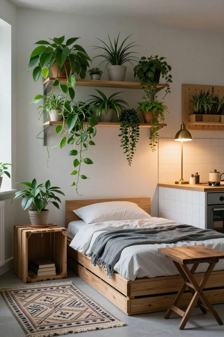 Small studio apartment bedroom with low wooden pallet bed, white bedding, gray throw, crate nightstand, wooden folding table, walls lined with shelves full of potted green houseplants, and adjacent white-tiled kitchenette with brass lamp.